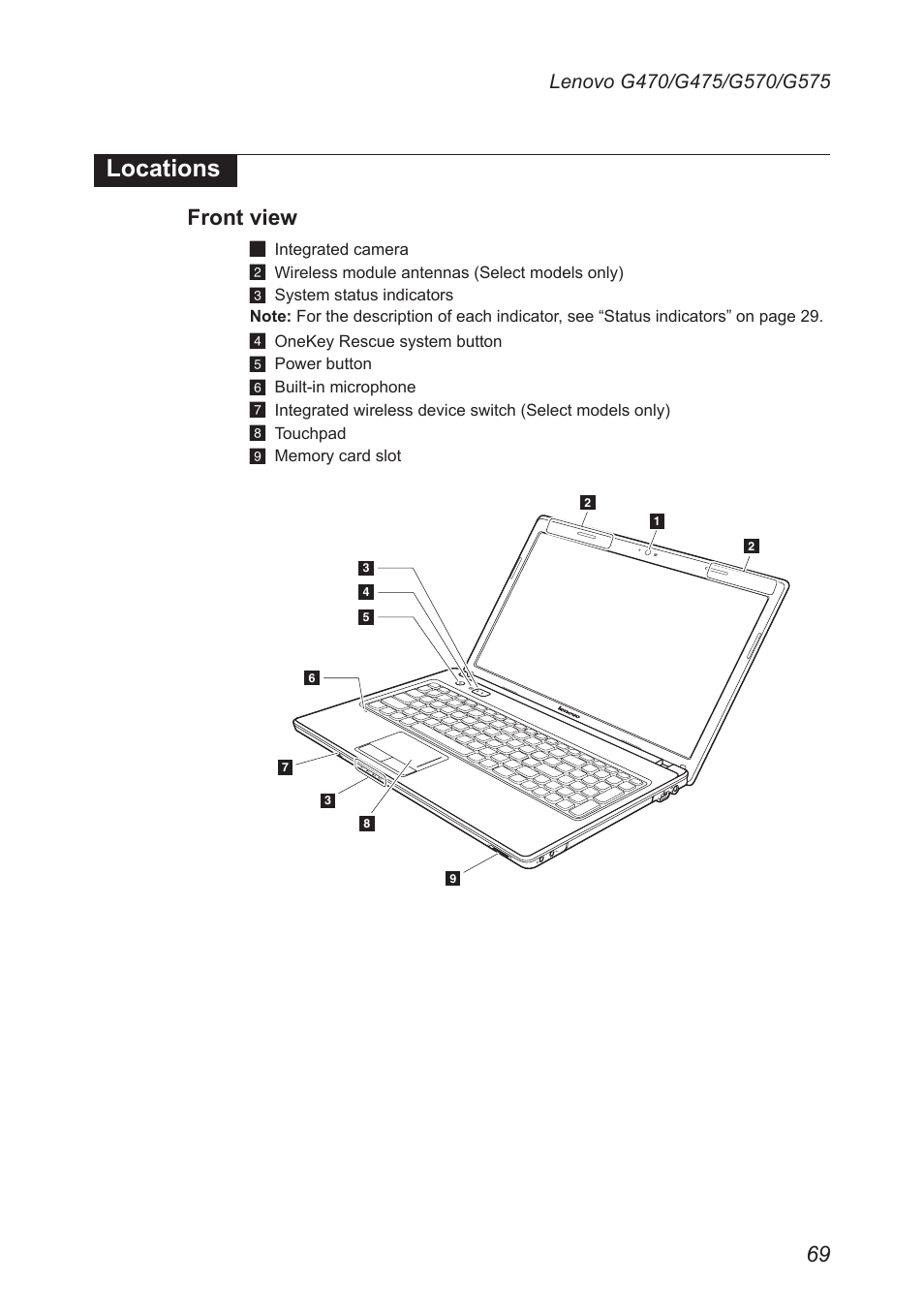 Locations, Front view | Lenovo G475 Notebook User Manual | Page 73 / 94