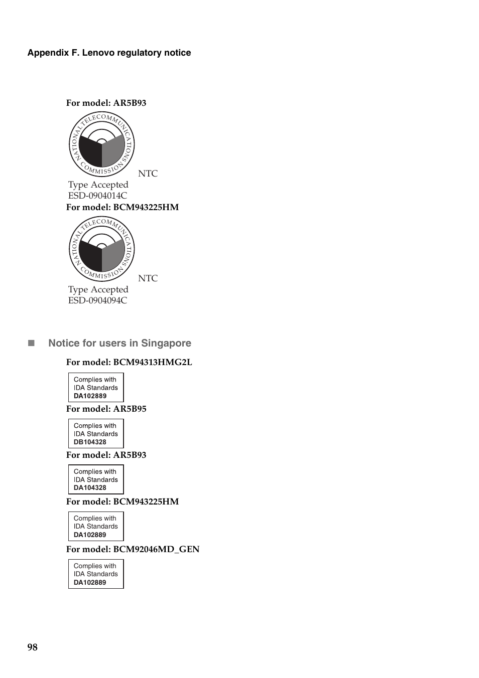 Notice for users in singapore | Lenovo G455 Notebook User Manual | Page 106 / 116