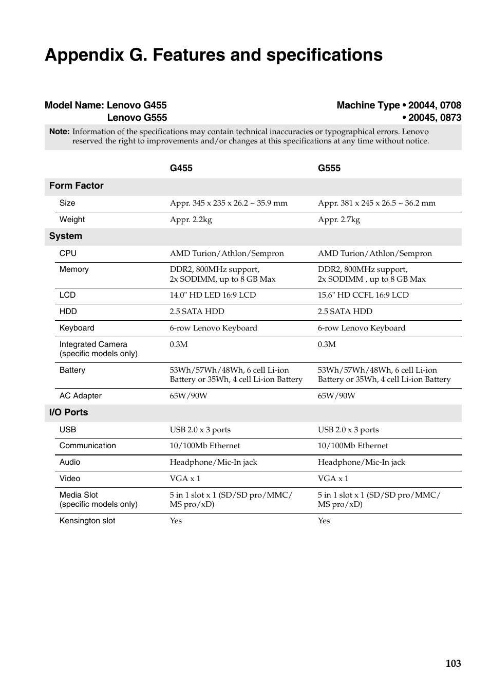 Appendix g. features and specifications | Lenovo G455 Notebook User Manual | Page 111 / 116