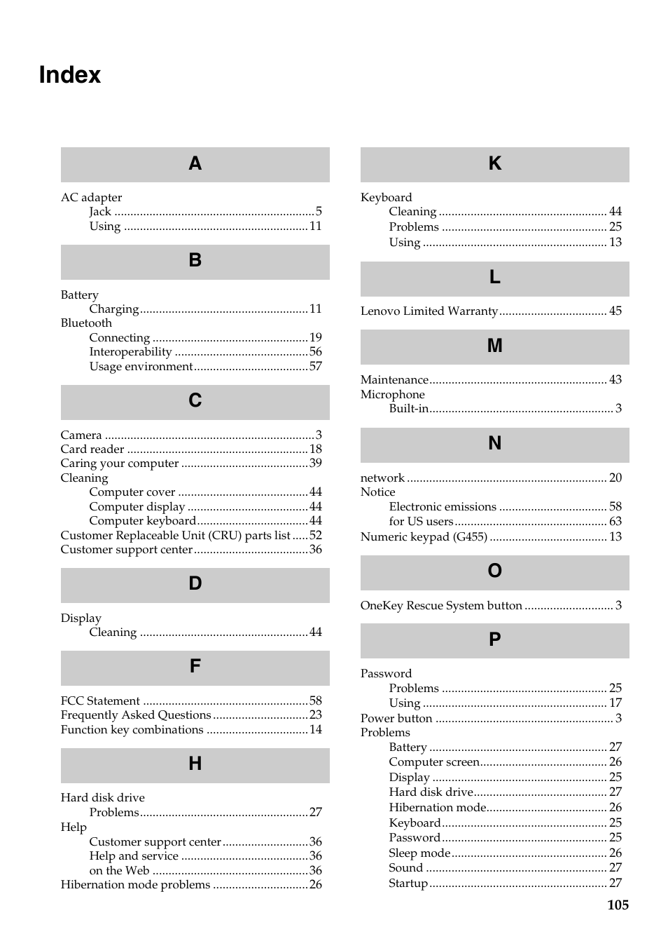 Index | Lenovo G455 Notebook User Manual | Page 113 / 116