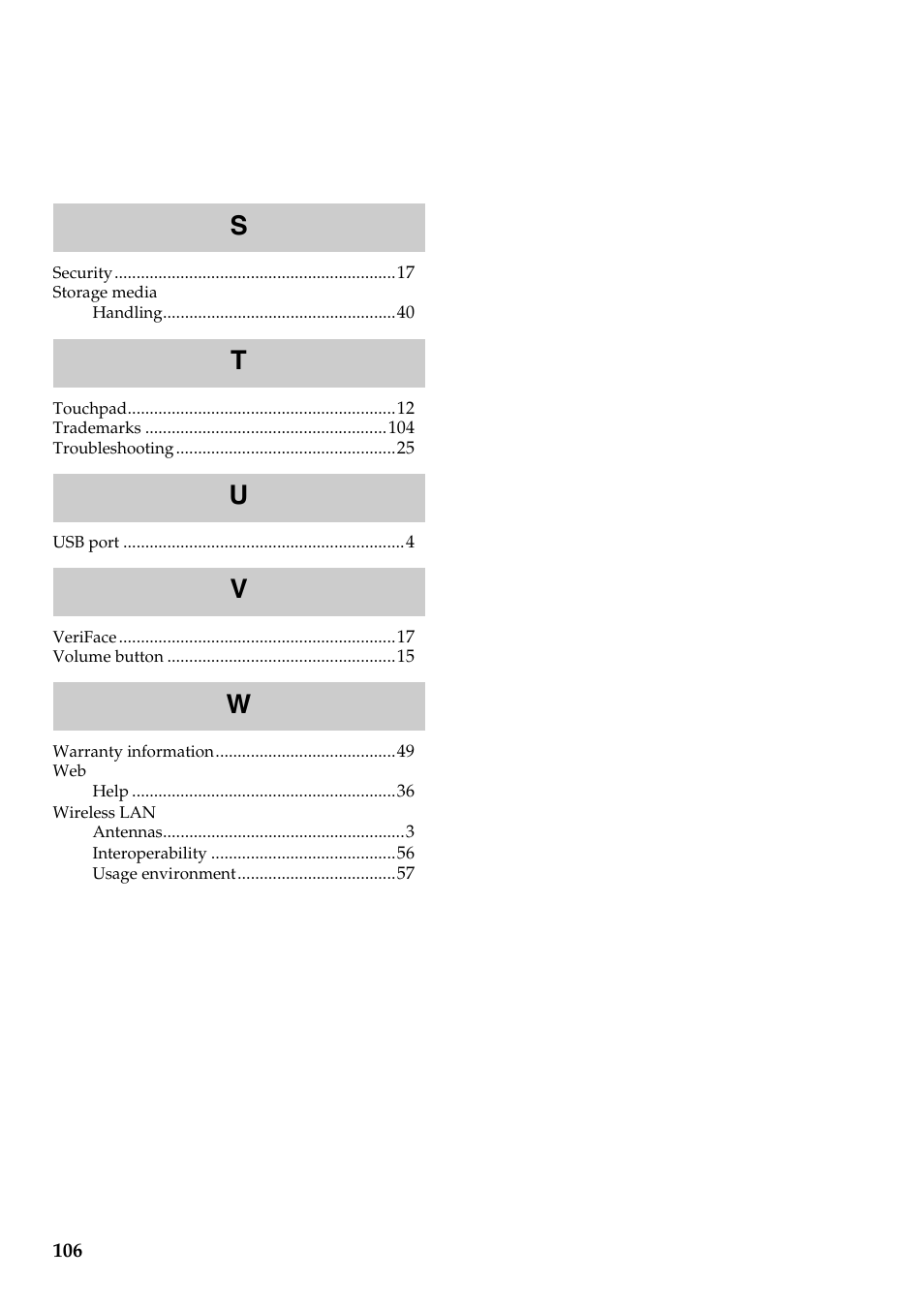 St u v w | Lenovo G455 Notebook User Manual | Page 114 / 116