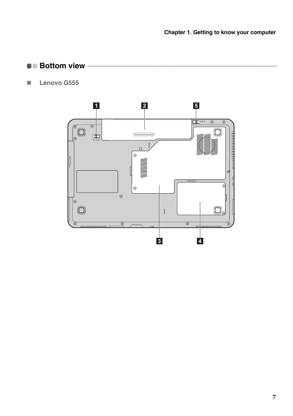 Bottom view | Lenovo G455 Notebook User Manual | Page 15 / 116