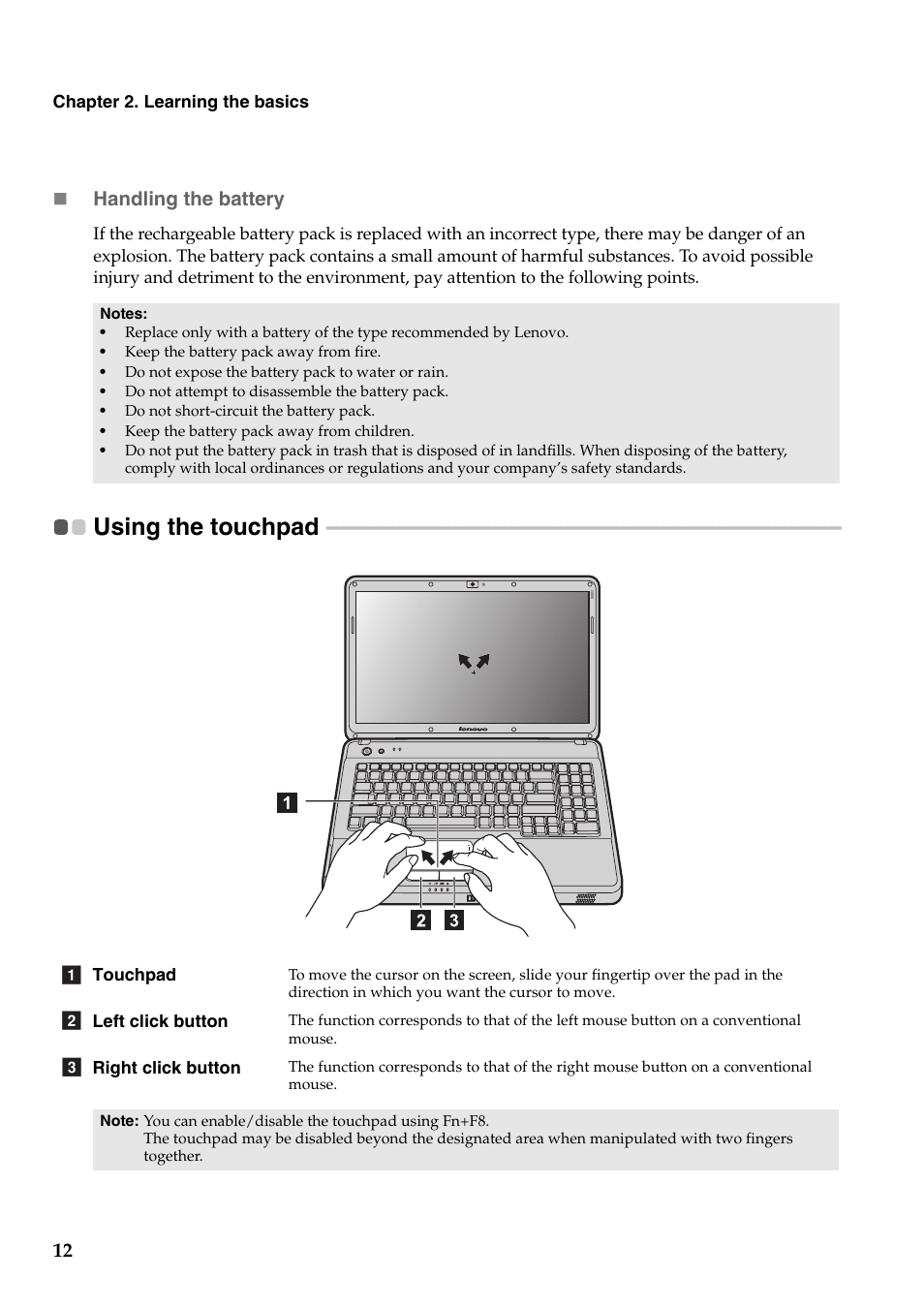 Using the touchpad, Handling the battery | Lenovo G455 Notebook User Manual | Page 20 / 116