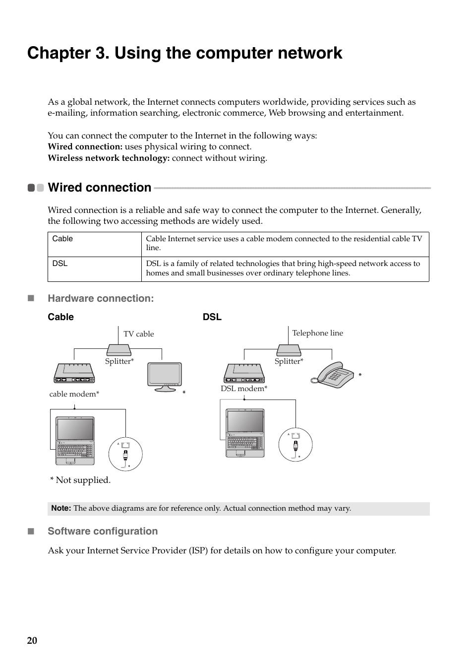 Chapter 3. using the computer network, Wired connection | Lenovo G455 Notebook User Manual | Page 28 / 116