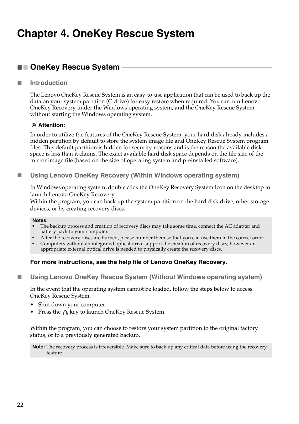 Chapter 4. onekey rescue system, Onekey rescue system | Lenovo G455 Notebook User Manual | Page 30 / 116