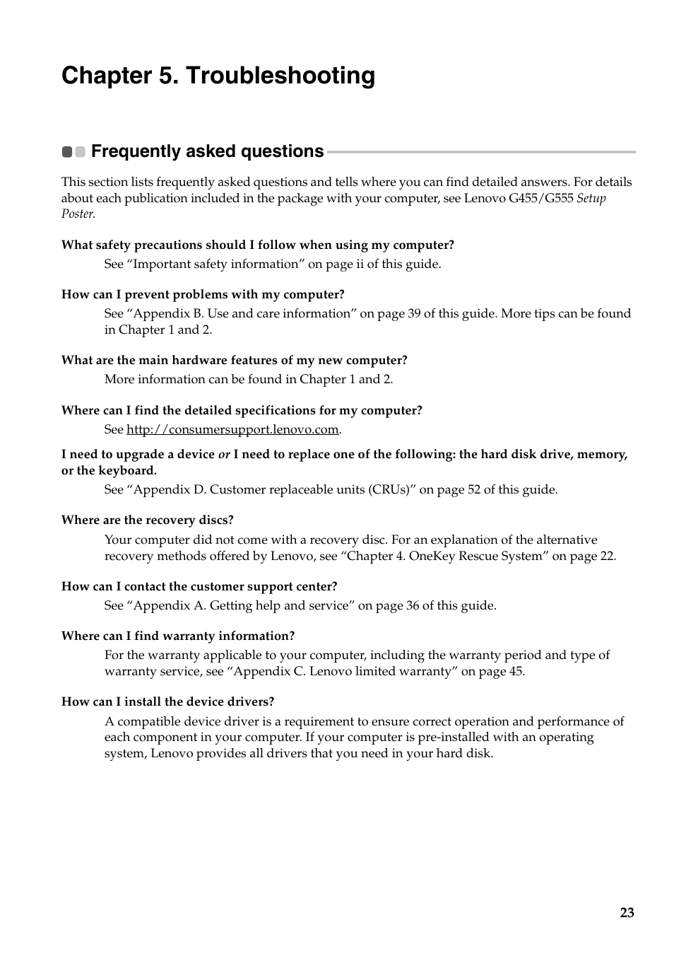 Chapter 5. troubleshooting, Frequently asked questions | Lenovo G455 Notebook User Manual | Page 31 / 116