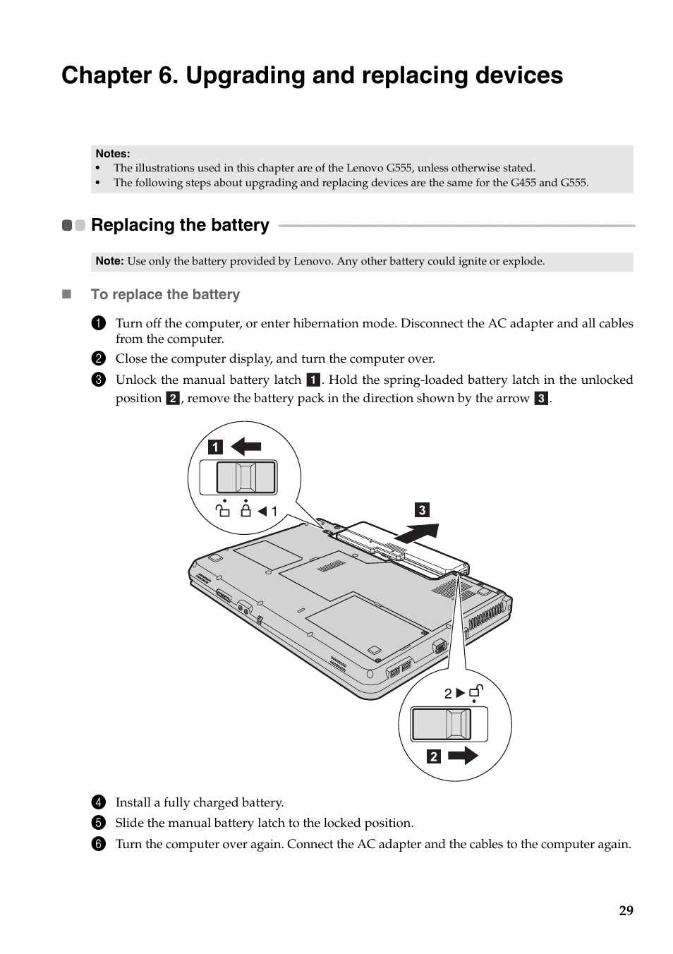 Chapter 6. upgrading and replacing devices, Replacing the battery | Lenovo G455 Notebook User Manual | Page 37 / 116