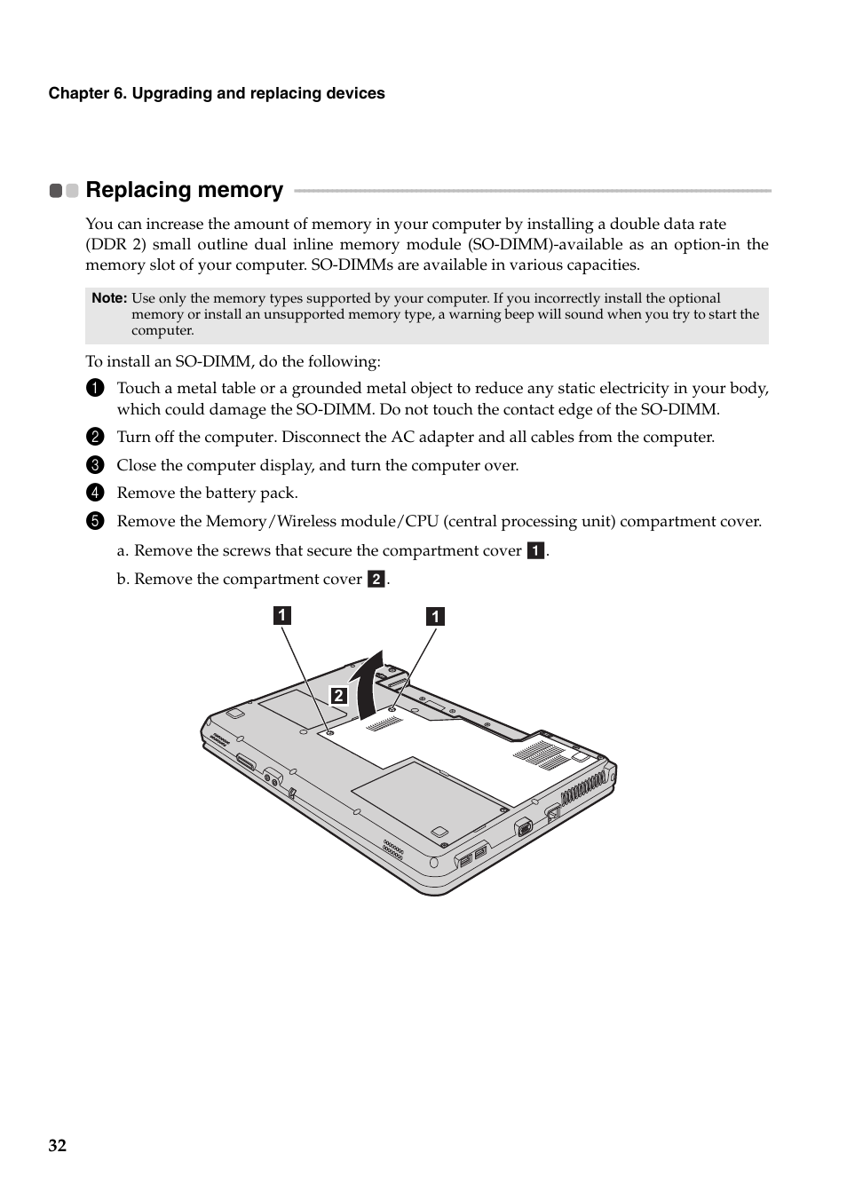 Replacing memory | Lenovo G455 Notebook User Manual | Page 40 / 116