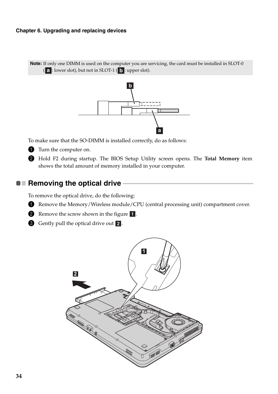 Removing the optical drive | Lenovo G455 Notebook User Manual | Page 42 / 116