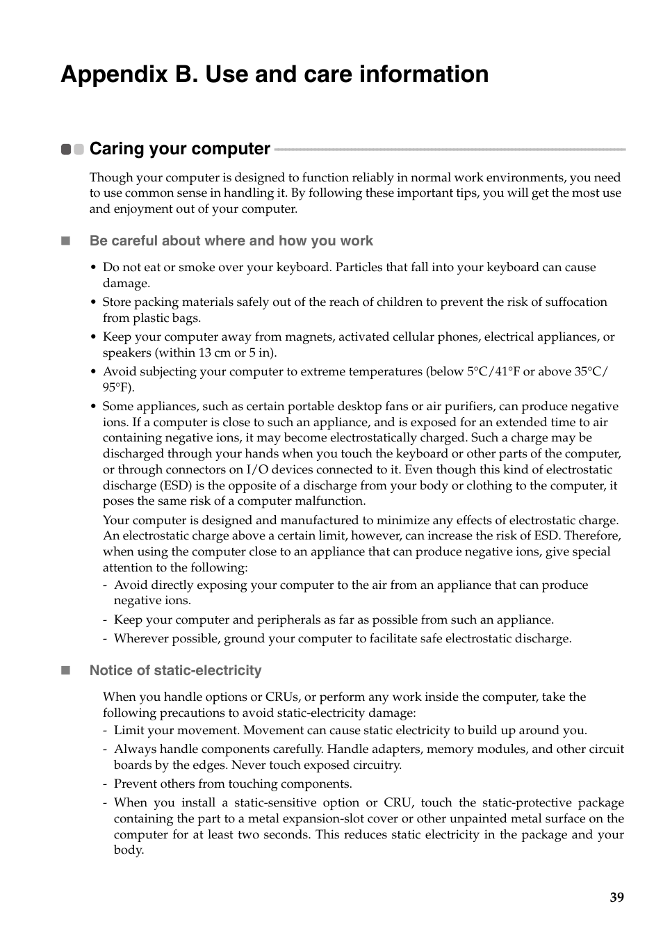 Appendix b. use and care information, Caring your computer | Lenovo G455 Notebook User Manual | Page 47 / 116