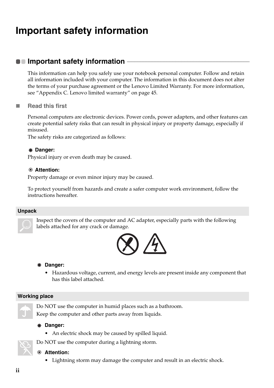 Important safety information | Lenovo G455 Notebook User Manual | Page 6 / 116