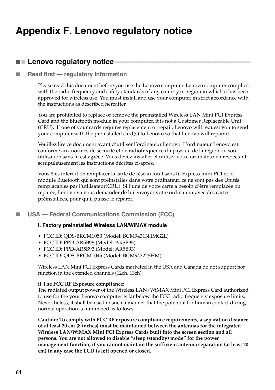 Appendix f. lenovo regulatory notice, Lenovo regulatory notice | Lenovo G455 Notebook User Manual | Page 72 / 116