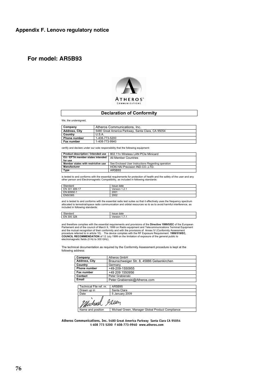 For model: ar5b93, Appendix f. lenovo regulatory notice, Declaration of conformity | Lenovo G455 Notebook User Manual | Page 84 / 116