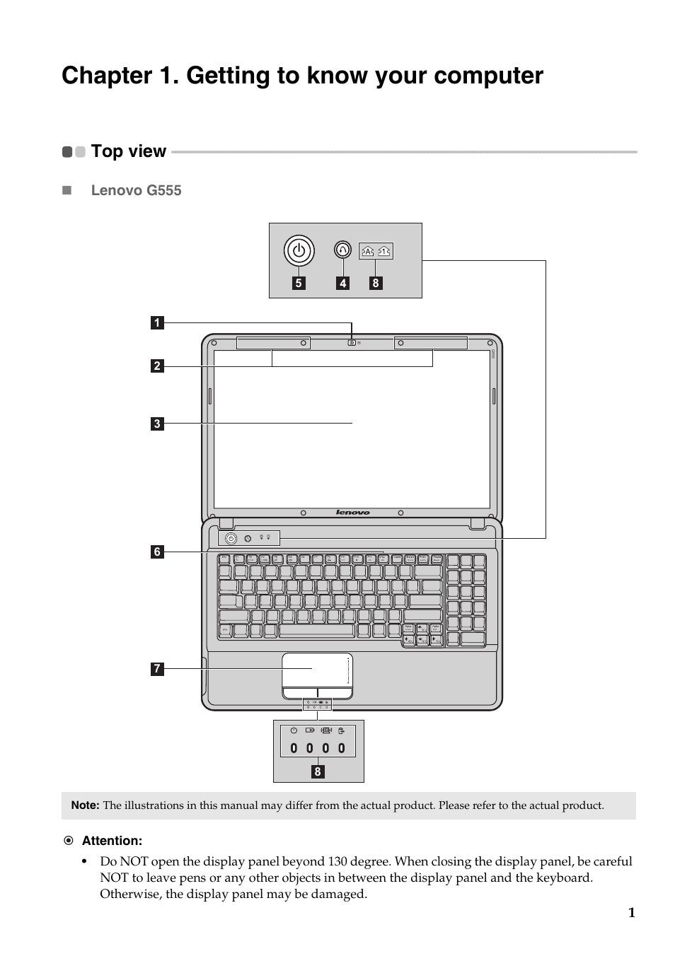 Chapter 1. getting to know your computer, Top view | Lenovo G455 Notebook User Manual | Page 9 / 116