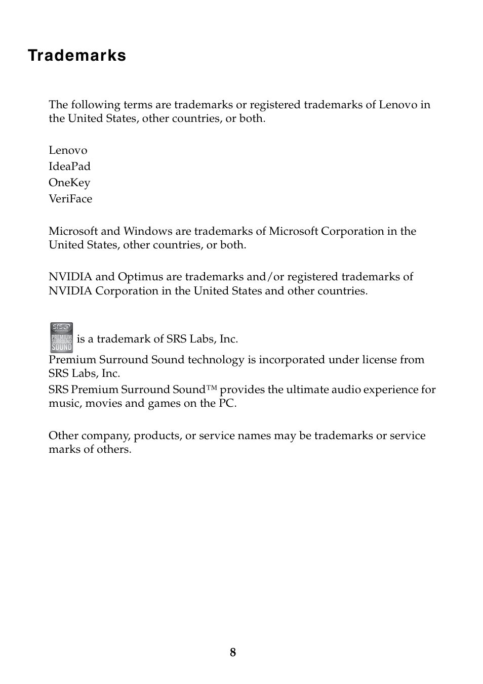 Trademarks | Lenovo IdeaPad Z470 User Manual | Page 8 / 8