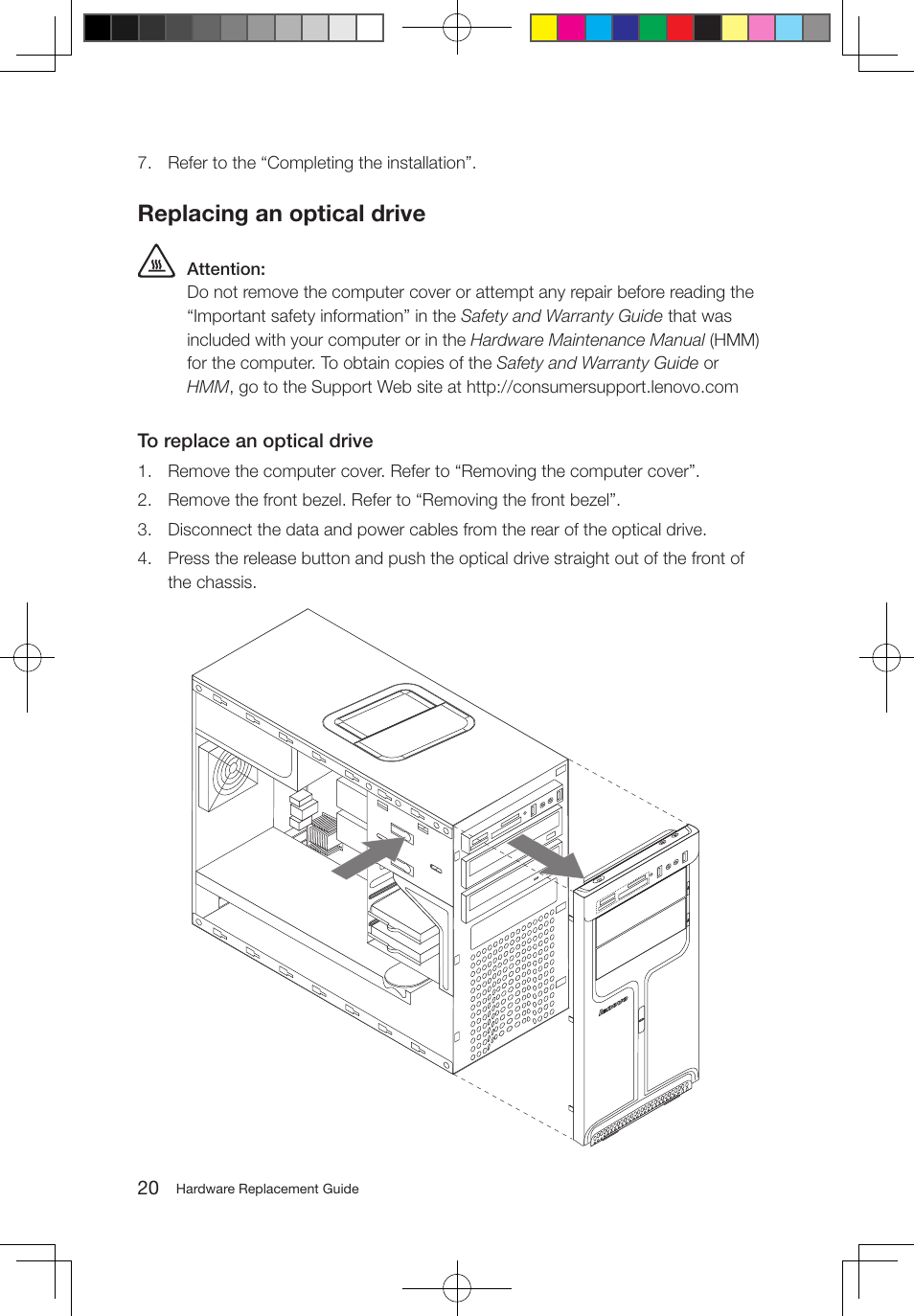 Replacing an optical drive | Lenovo IdeaCentre K330B User Manual | Page 23 / 43