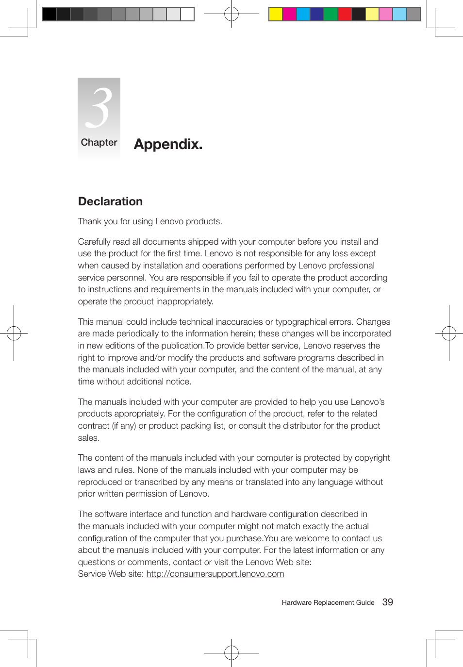 Appendix, Declaration | Lenovo IdeaCentre K330B User Manual | Page 42 / 43