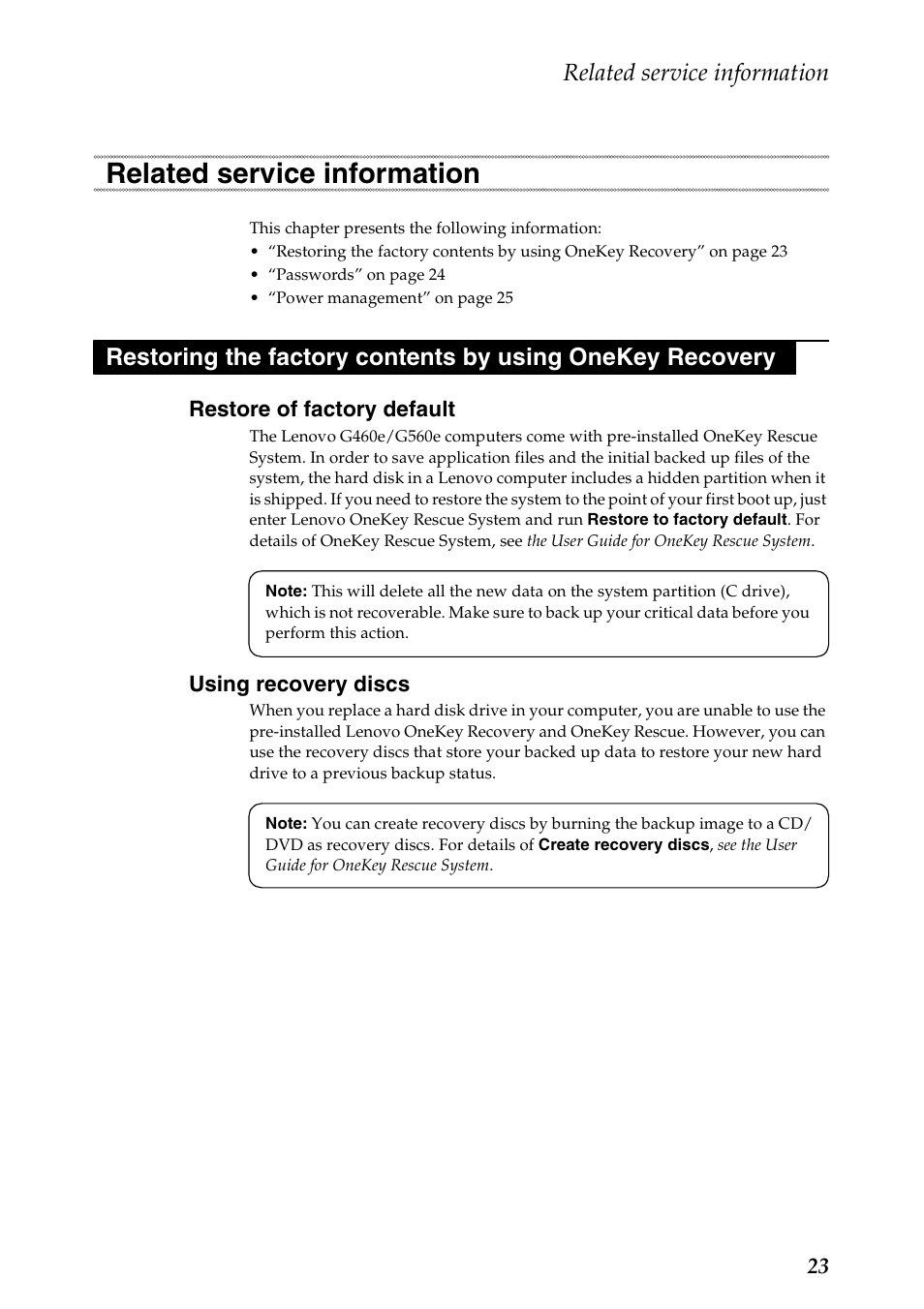 Related service information, Restore of factory default, Using recovery discs | Restore of factory default using recovery discs | Lenovo G460e Notebook User Manual | Page 27 / 96