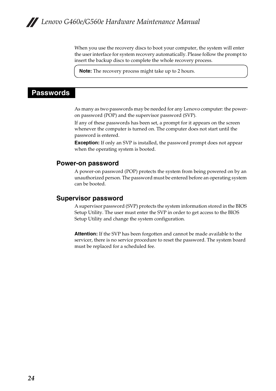 Passwords, Power-on password, Supervisor password | Power-on password supervisor password | Lenovo G460e Notebook User Manual | Page 28 / 96