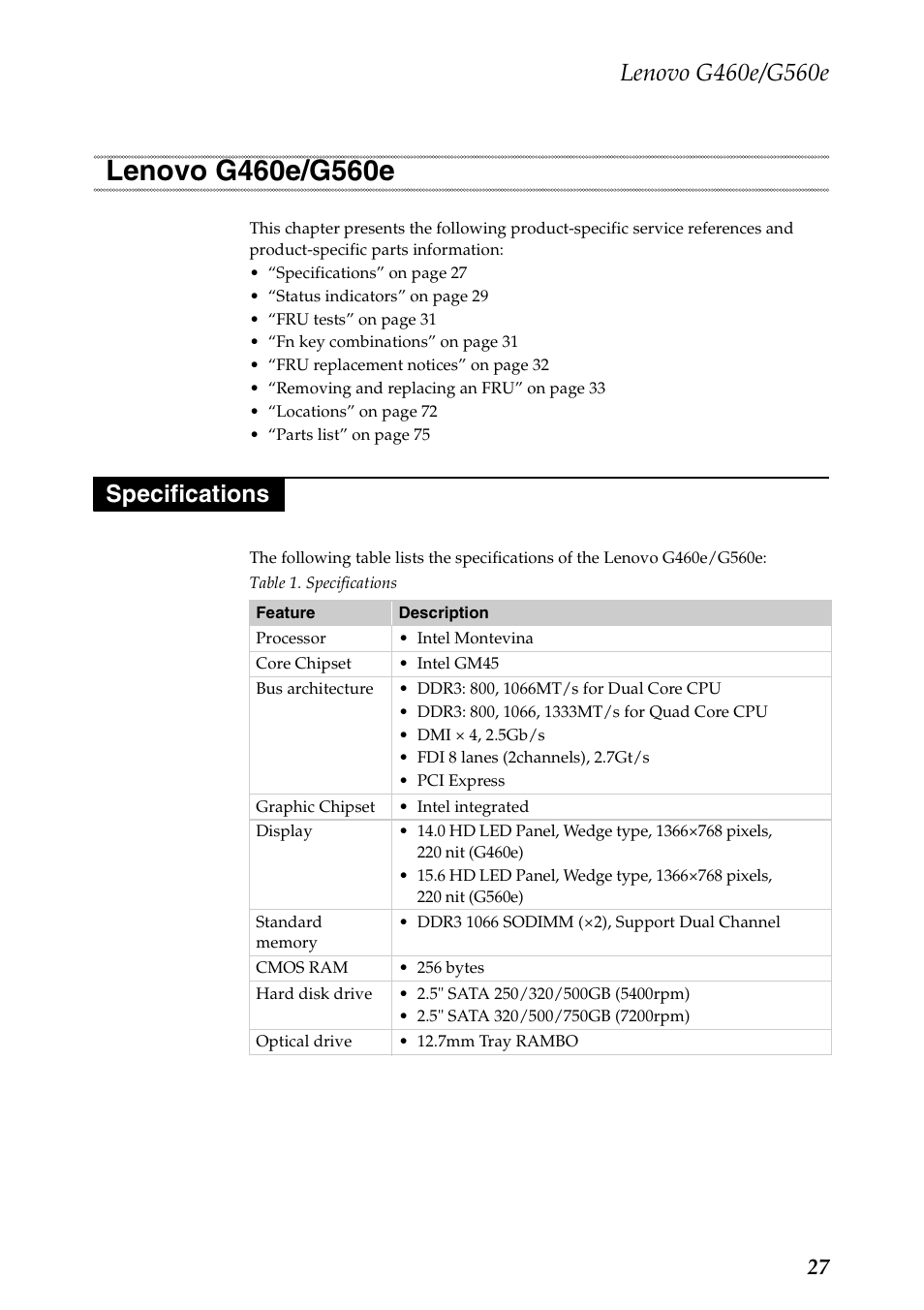 Lenovo g460e/g560e, Specifications, Lenovo g460e/g560e specifications | Lenovo G460e Notebook User Manual | Page 31 / 96