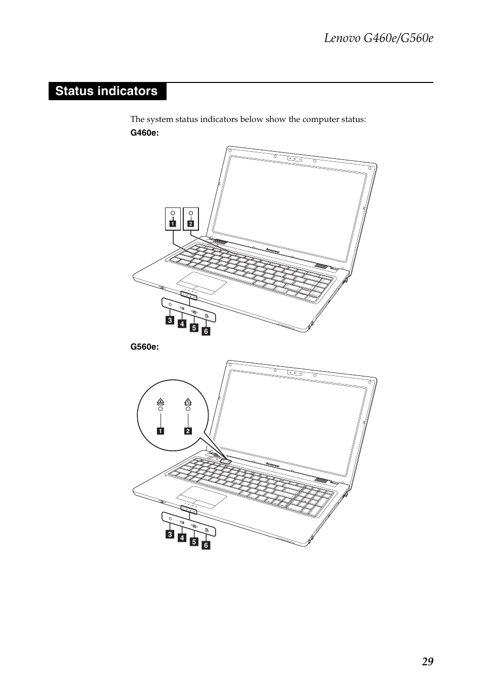 Status indicators | Lenovo G460e Notebook User Manual | Page 33 / 96