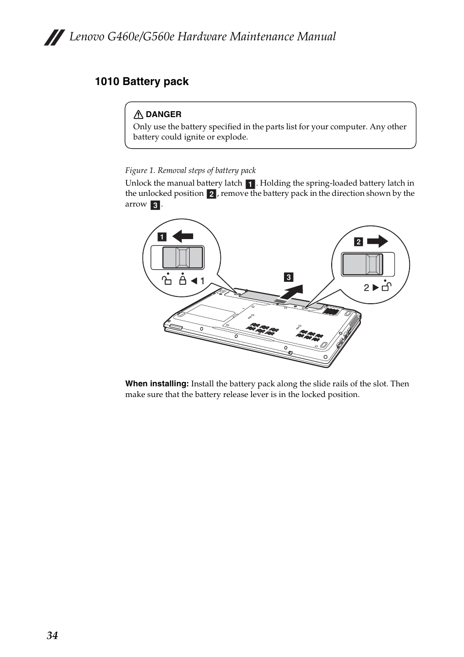 1010 battery pack | Lenovo G460e Notebook User Manual | Page 38 / 96