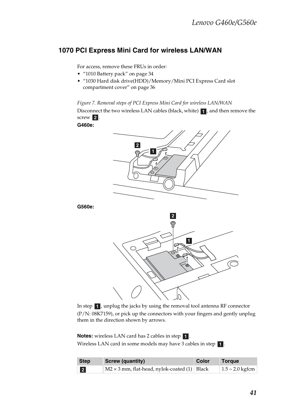 1070 pci express mini card for wireless lan/wan | Lenovo G460e Notebook User Manual | Page 45 / 96