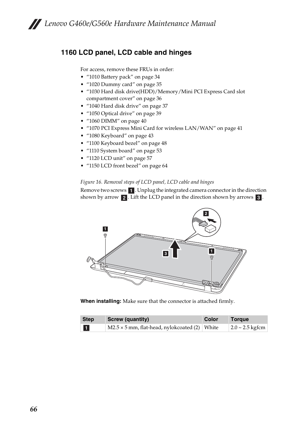 1160 lcd panel, lcd cable and hinges | Lenovo G460e Notebook User Manual | Page 70 / 96