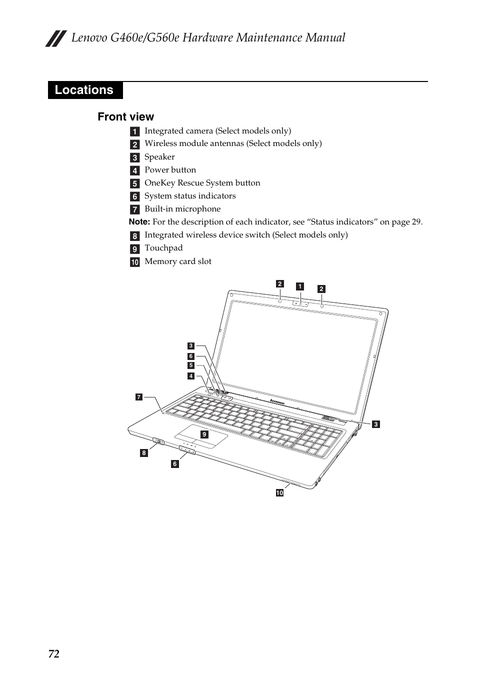 Locations, Front view, 72 front view | Lenovo G460e Notebook User Manual | Page 76 / 96