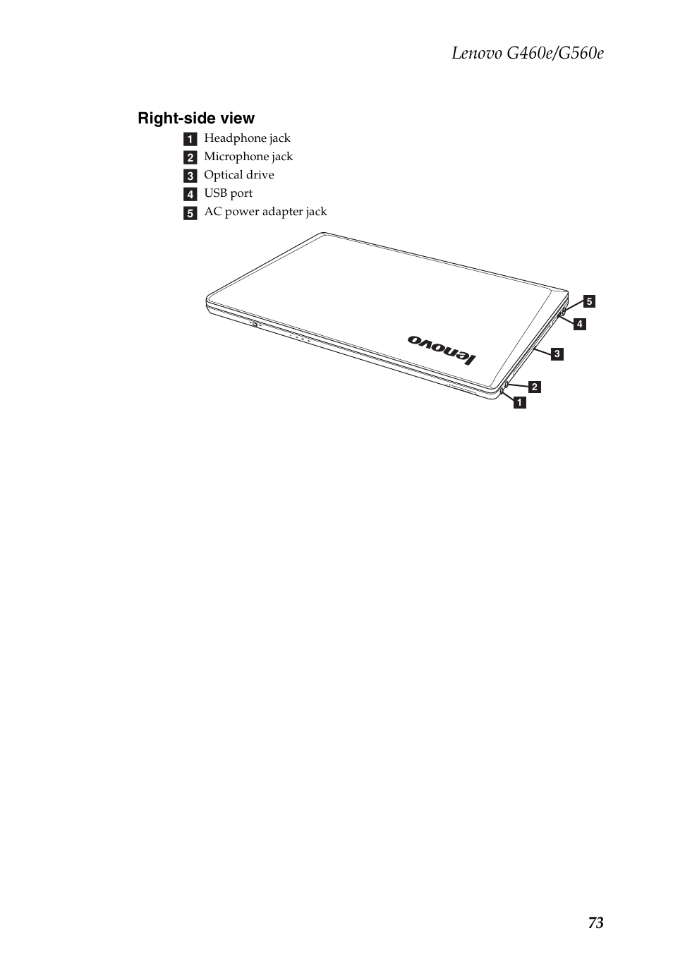 Right-side view, 73 right-side view | Lenovo G460e Notebook User Manual | Page 77 / 96