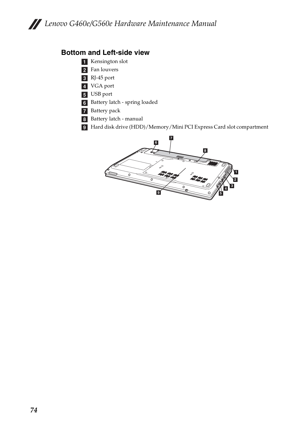 Bottom and left-side view, 74 bottom and left-side view | Lenovo G460e Notebook User Manual | Page 78 / 96