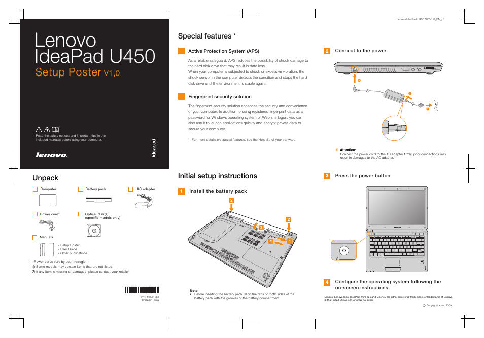 Lenovo IdeaPad U450 User Manual | 2 pages