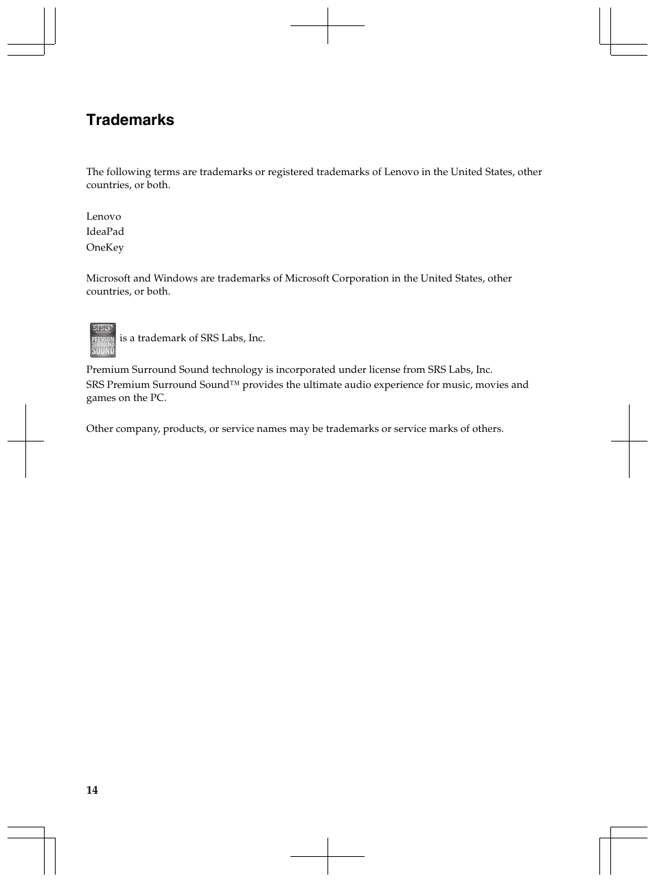 Trademarks | Lenovo IdeaPad U300s User Manual | Page 14 / 14