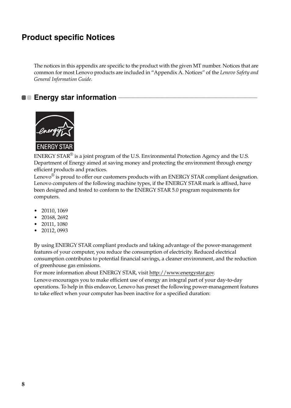 Product specific notices, Energy star information | Lenovo IdeaPad U300s User Manual | Page 8 / 14