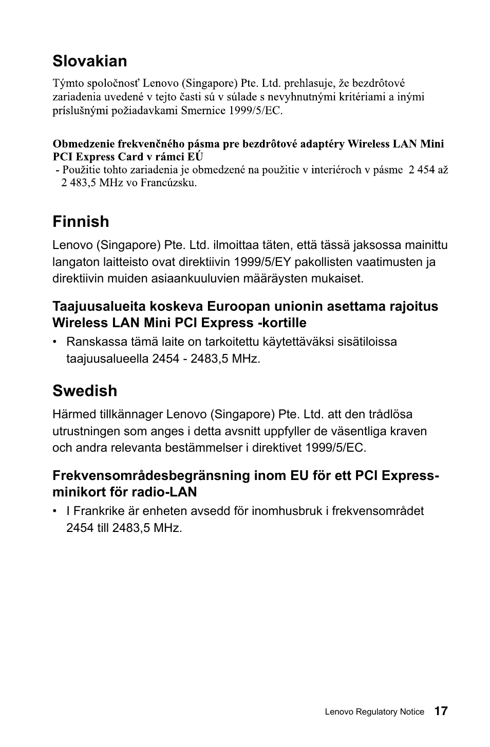 Slovakian finnish, Swedish | Lenovo IdeaCentre A520 All-in-One User Manual | Page 18 / 31