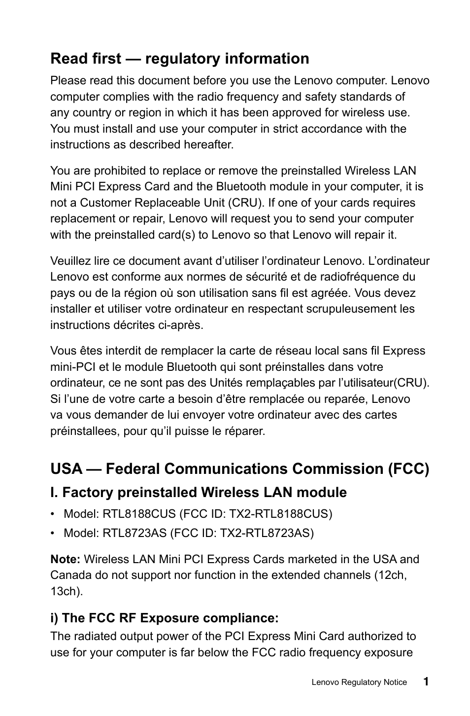 Read first — regulatory information, Usa — federal communications commission (fcc) | Lenovo IdeaCentre A520 All-in-One User Manual | Page 2 / 31