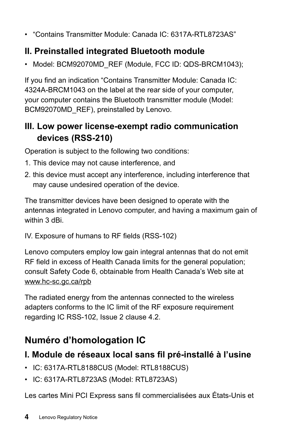 Numéro d’homologation ic | Lenovo IdeaCentre A520 All-in-One User Manual | Page 5 / 31