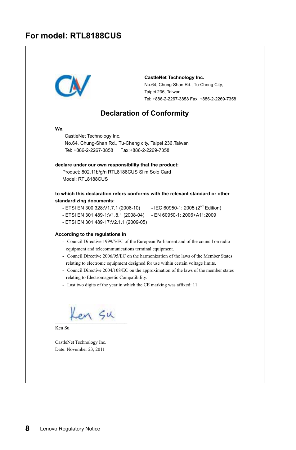 For model: rtl8188cus, Declaration of conformity | Lenovo IdeaCentre A520 All-in-One User Manual | Page 9 / 31