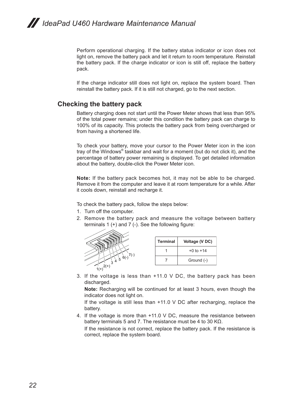 Checking the battery pack, Ideapad u460 hardware maintenance manual | Lenovo IdeaPad U460s User Manual | Page 26 / 88