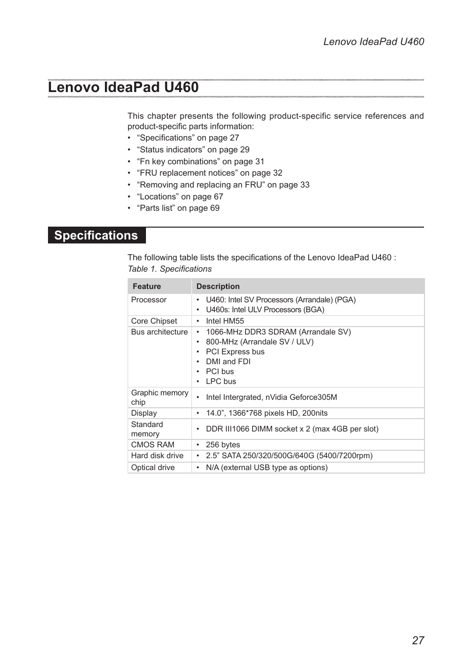 Lenovo ideapad u460, Specifications | Lenovo IdeaPad U460s User Manual | Page 31 / 88