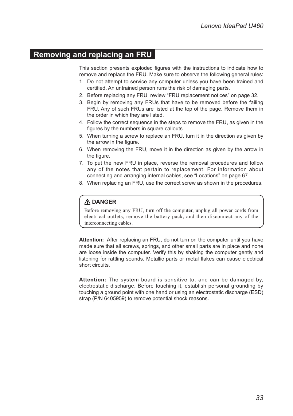 Removing and replacing an fru | Lenovo IdeaPad U460s User Manual | Page 37 / 88