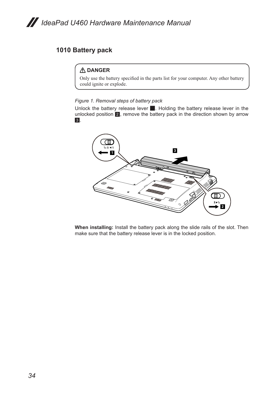 1010 battery pack, Ideapad u460 hardware maintenance manual | Lenovo IdeaPad U460s User Manual | Page 38 / 88
