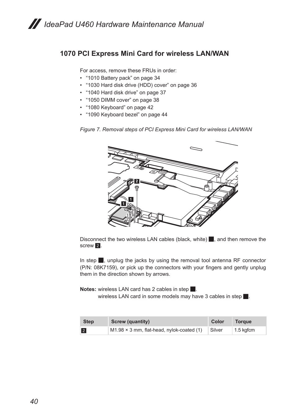 1070 pci express mini card for wireless lan/wan, 1070 pci express mini card for wireless, Lan/wan | Ideapad u460 hardware maintenance manual | Lenovo IdeaPad U460s User Manual | Page 44 / 88