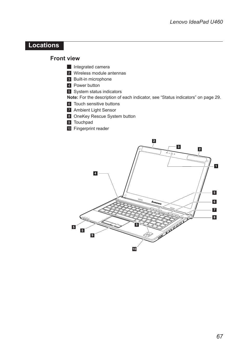 Locations, Front view, Lenovo ideapad u460 | Lenovo IdeaPad U460s User Manual | Page 71 / 88