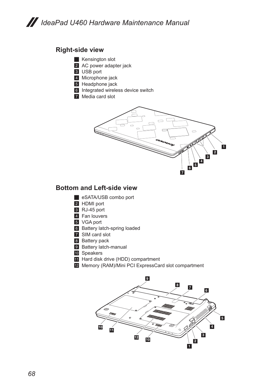 Right-side view, Bottom and left-side view, Ideapad u460 hardware maintenance manual | Lenovo IdeaPad U460s User Manual | Page 72 / 88