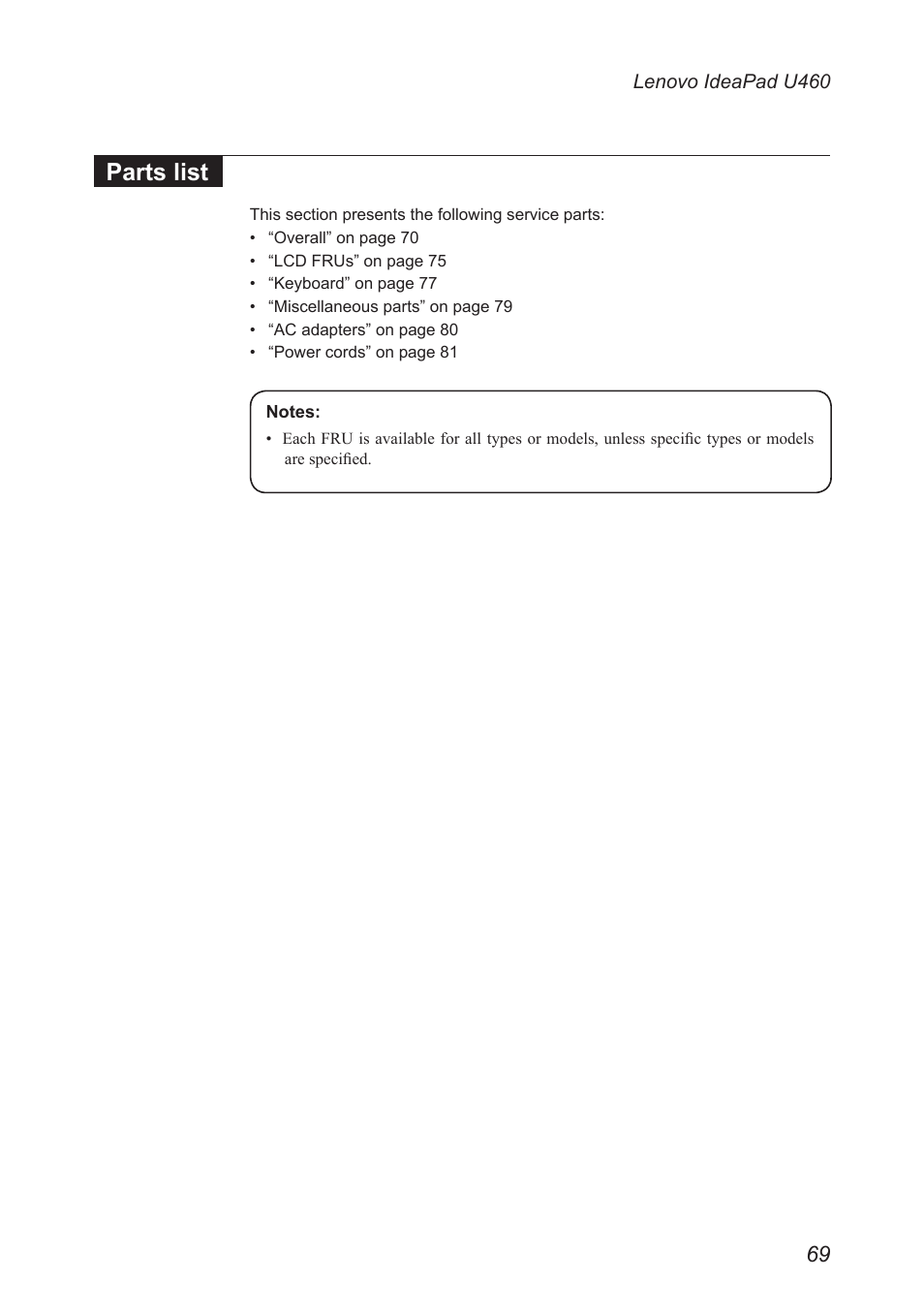 Parts list | Lenovo IdeaPad U460s User Manual | Page 73 / 88