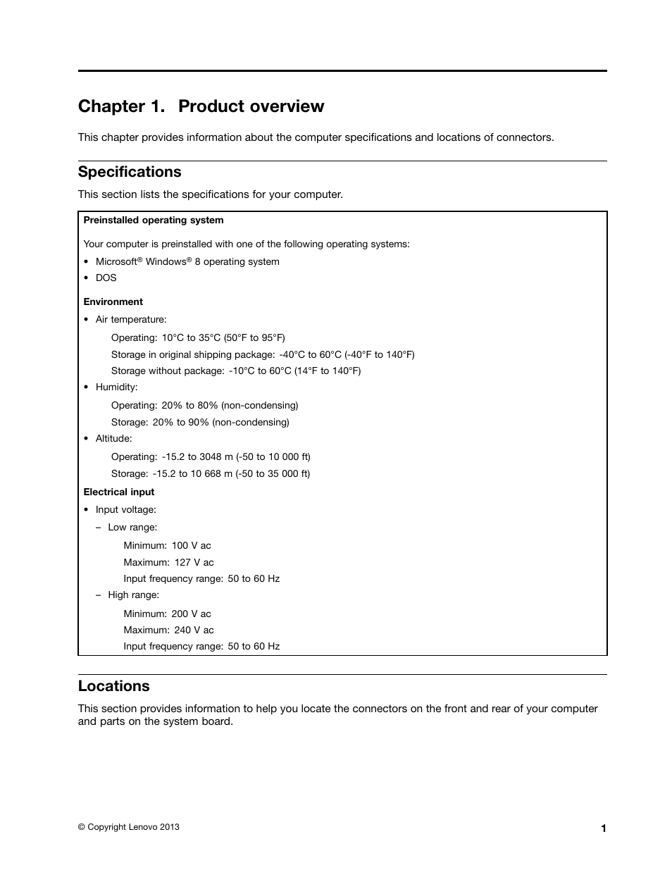Chapter 1. product overview, Specifications, Locations | Lenovo S710 All-in-One User Manual | Page 11 / 66