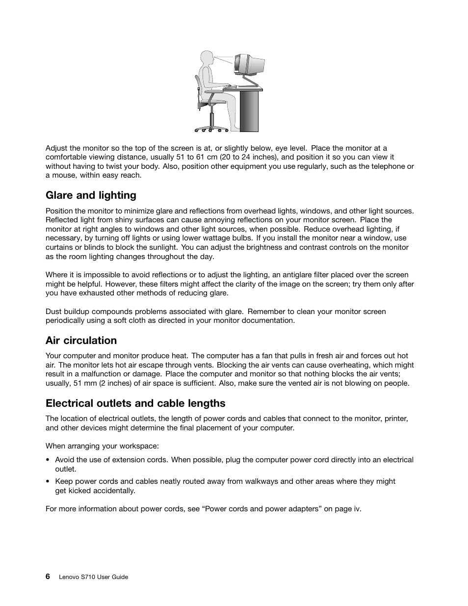 Glare and lighting, Air circulation, Electrical outlets and cable lengths | Lenovo S710 All-in-One User Manual | Page 16 / 66