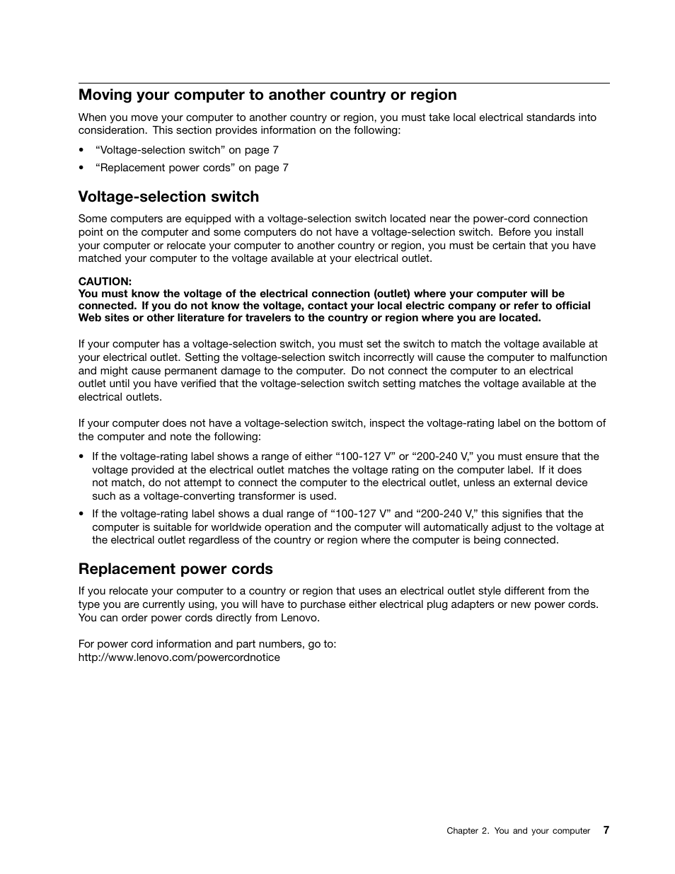 Moving your computer to another country or region, Voltage-selection switch, Replacement power cords | Lenovo S710 All-in-One User Manual | Page 17 / 66