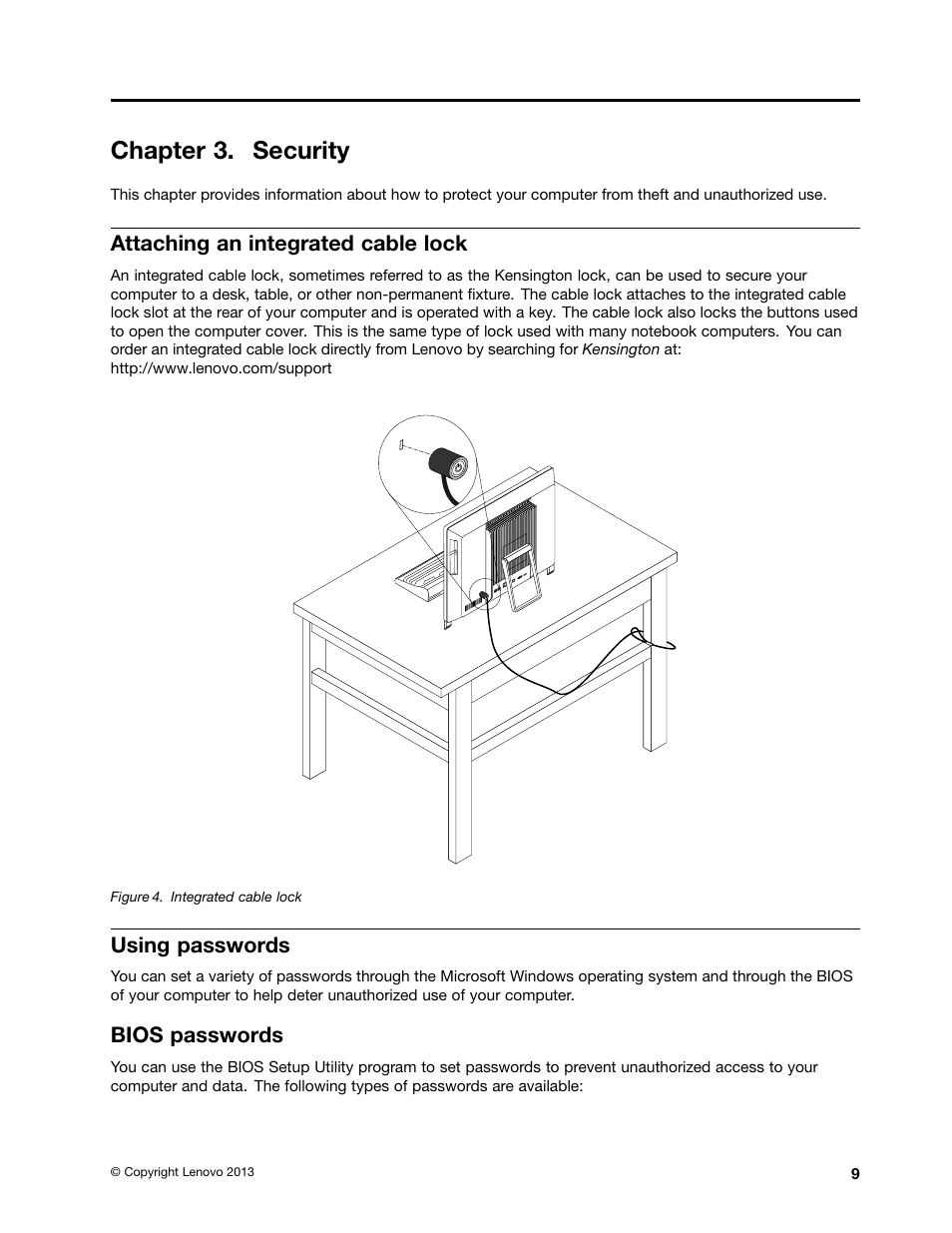 Chapter 3. security, Attaching an integrated cable lock, Using passwords | Bios passwords | Lenovo S710 All-in-One User Manual | Page 19 / 66